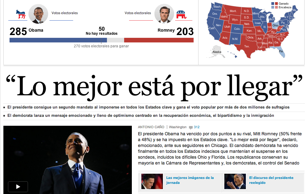 Obama reelegido. Lo mejor está por llegar. Mañana del 7 de noviembre de 2012. Portada de ElPaís.com